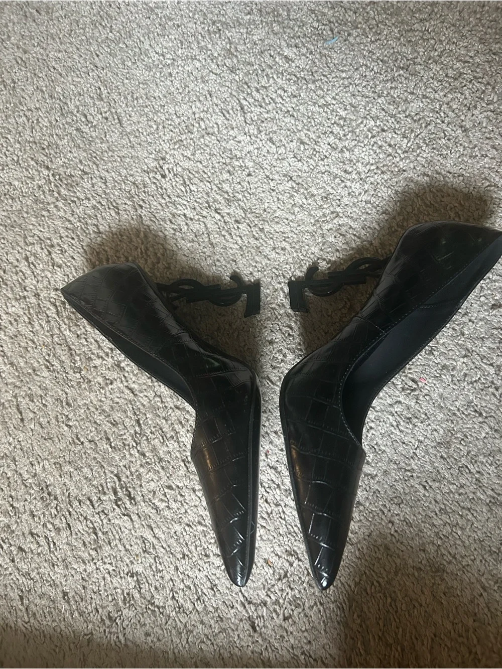 Saint Laurent Black Croc-Embossed Pointed Toe Pumps - Picture 2 of 4